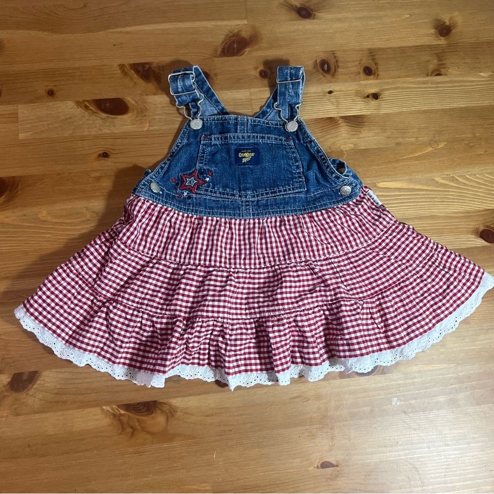 OshKosh B’gosh Baby Denim Overall Red and White Gingham Dress 12M Eyelet Trim